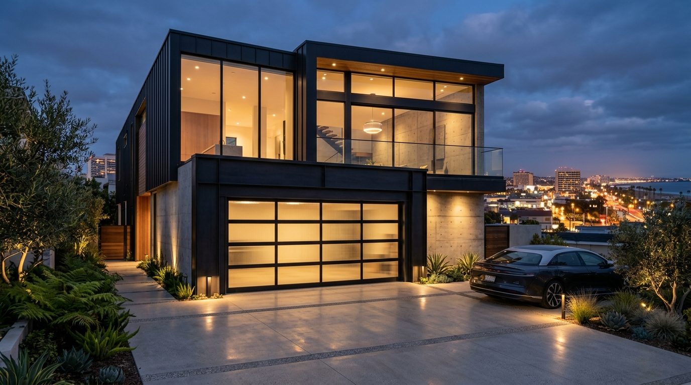 Local Garage Door Oscar Exterior Closed Garage Door at Twilight