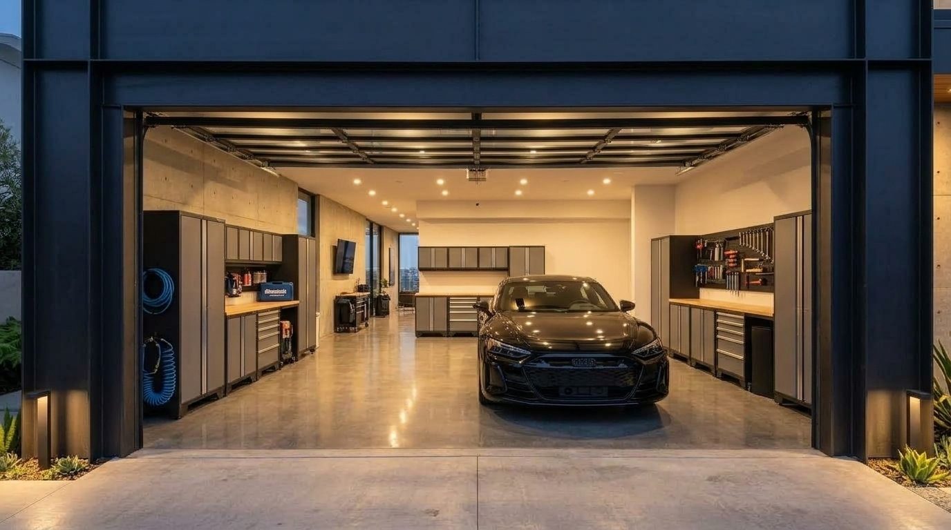 Local Garage Door Oscar Interior View of Custom Garage Door Overhead and Workshop
